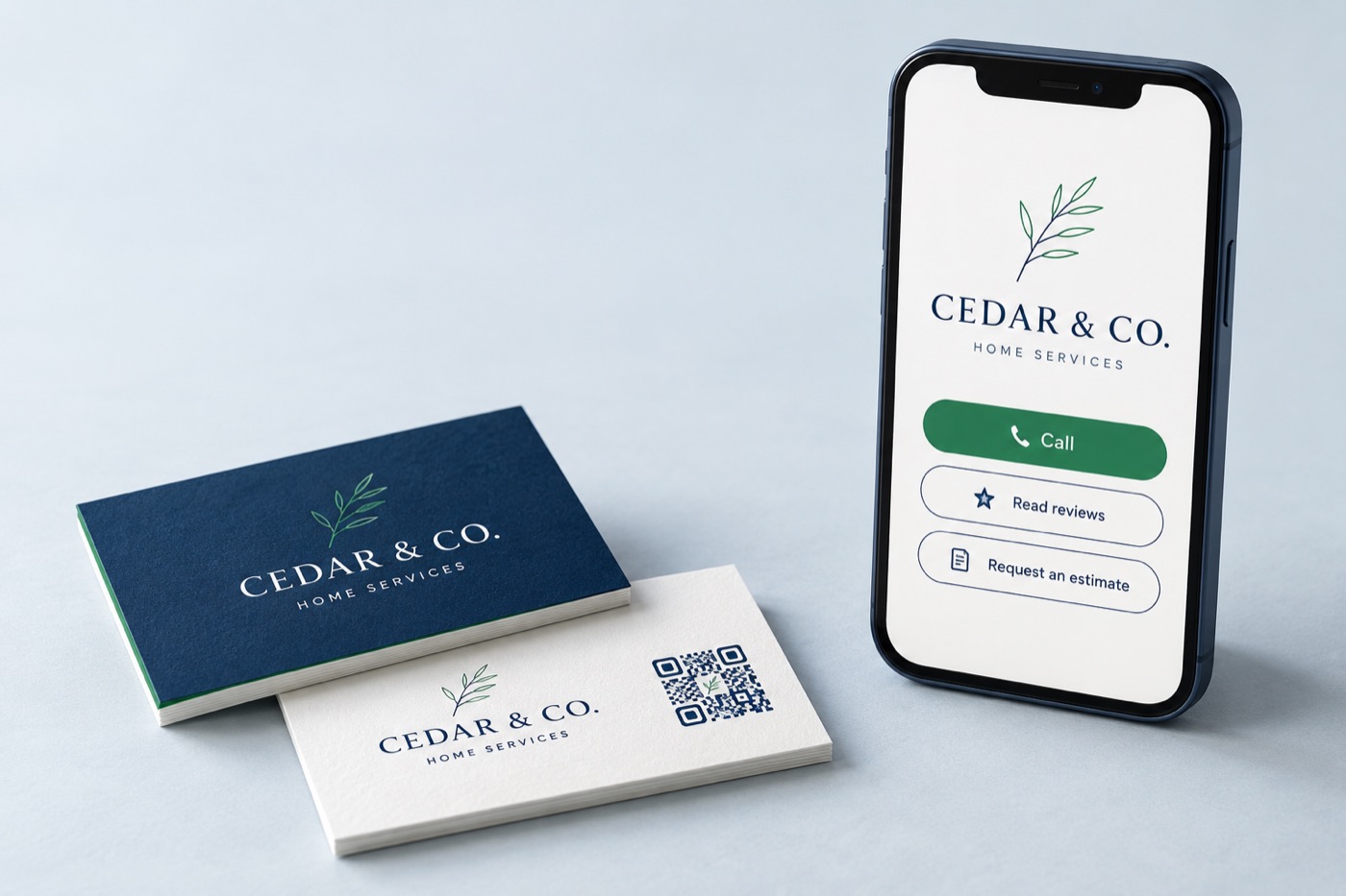 Illustrative navy Cedar and Co business cards beside a matching mobile page